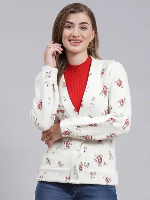 Women Off White Jaquard Wool blend Cardigan