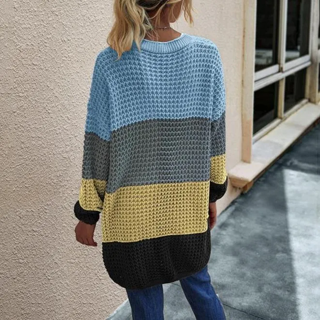Women's open front knitted cardigan sweater long sleeve crochet sweater with pockets