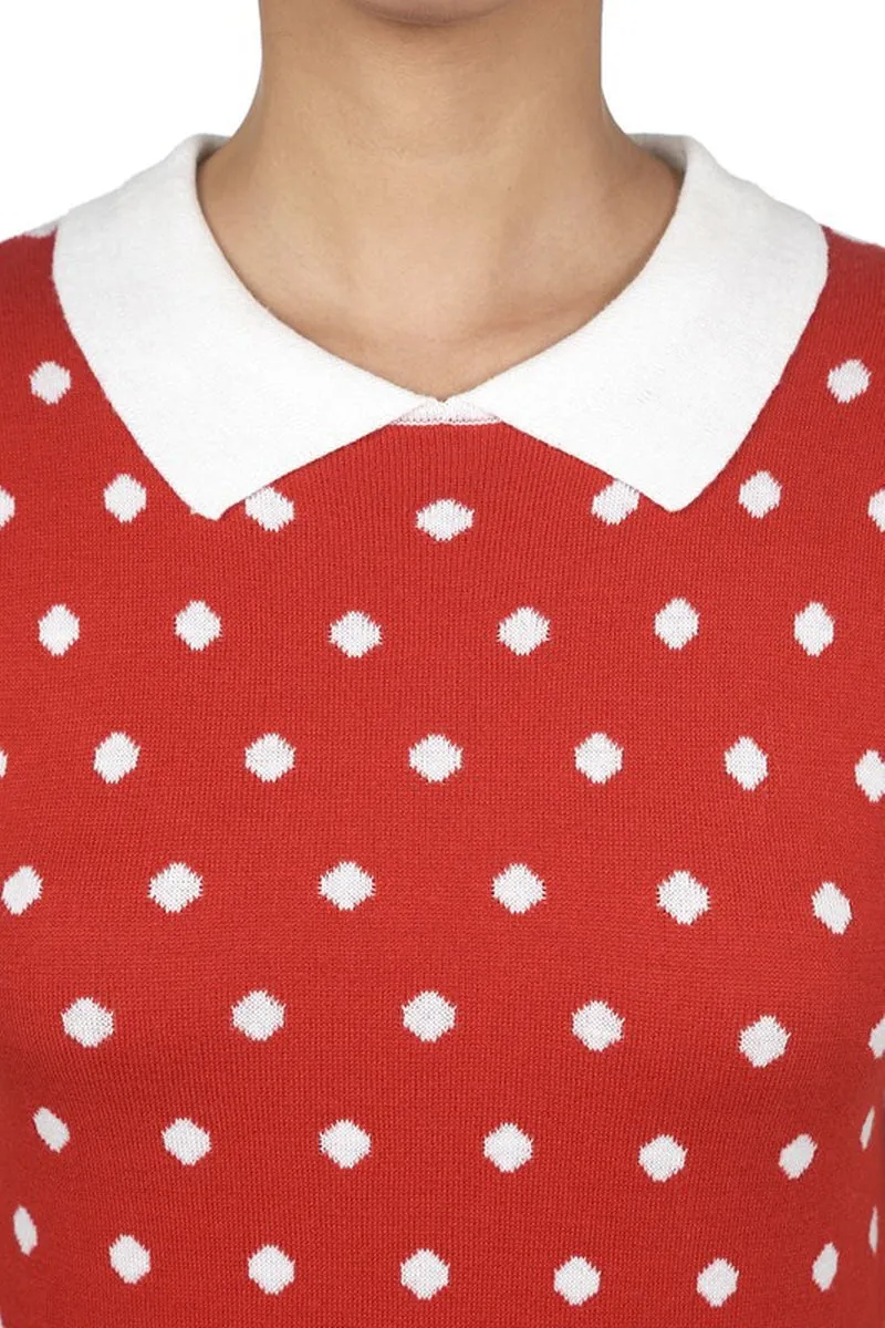 YEMAK Women's Classic Polka Dot Contrast Collar Short Sleeve Casual Pullover Sweater MK3673